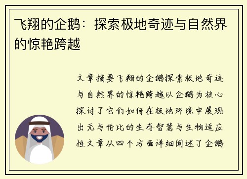 飞翔的企鹅：探索极地奇迹与自然界的惊艳跨越